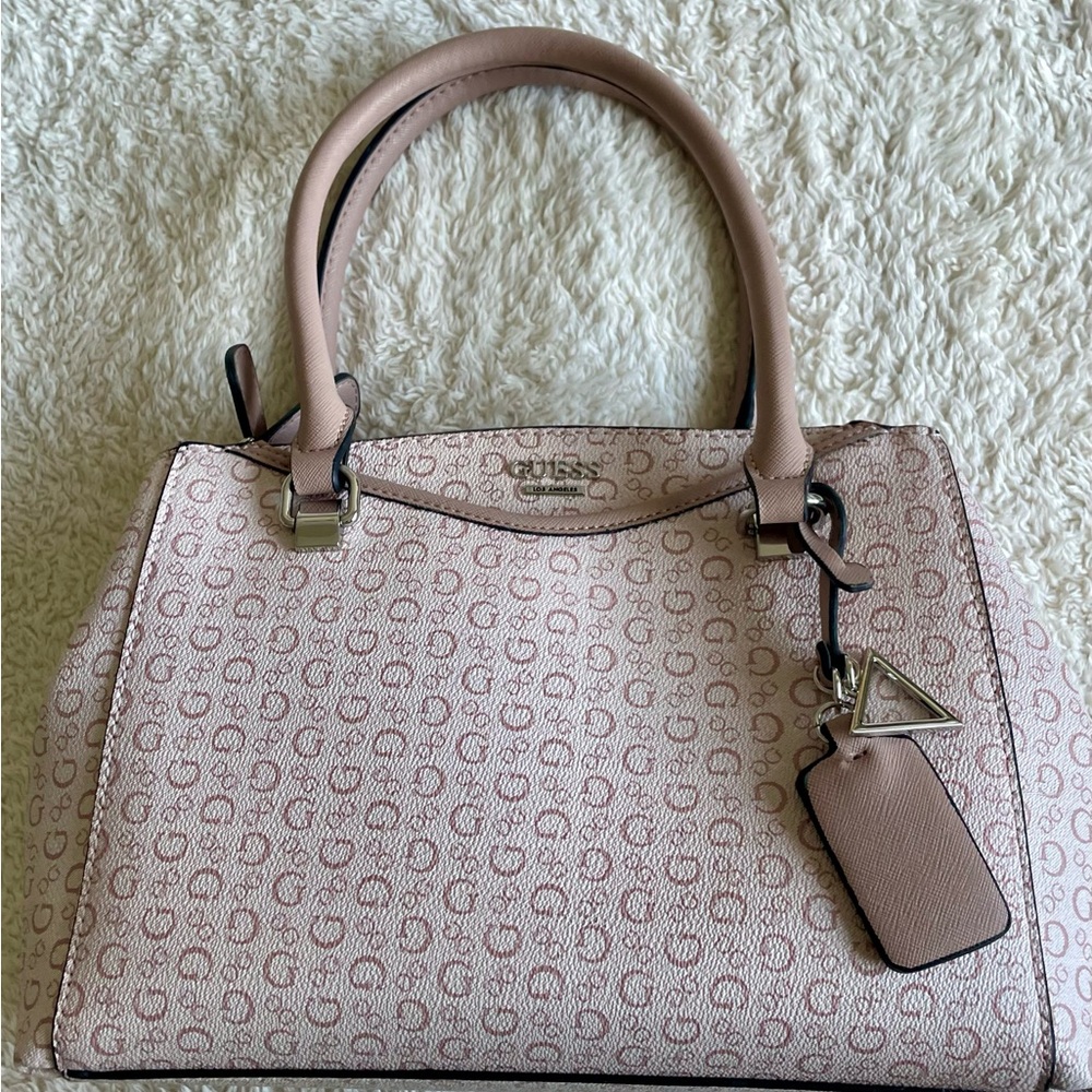 GUESS Blush Pink Allover Logo Monogram Satchel Hand Bag Purse - Picture 6 of 13